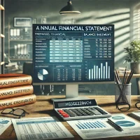 DALL·E 2024-06-26 18.33.51 - A professional scene depicting the creation of an annual financial statement. The image features a modern office with a desk, documents, and a compute